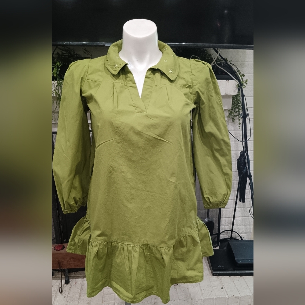 Day + Moon Mini Dress Sz M Olive Green Star Embroidered Collared Ruffle Cotton - Picture 2 of 12
